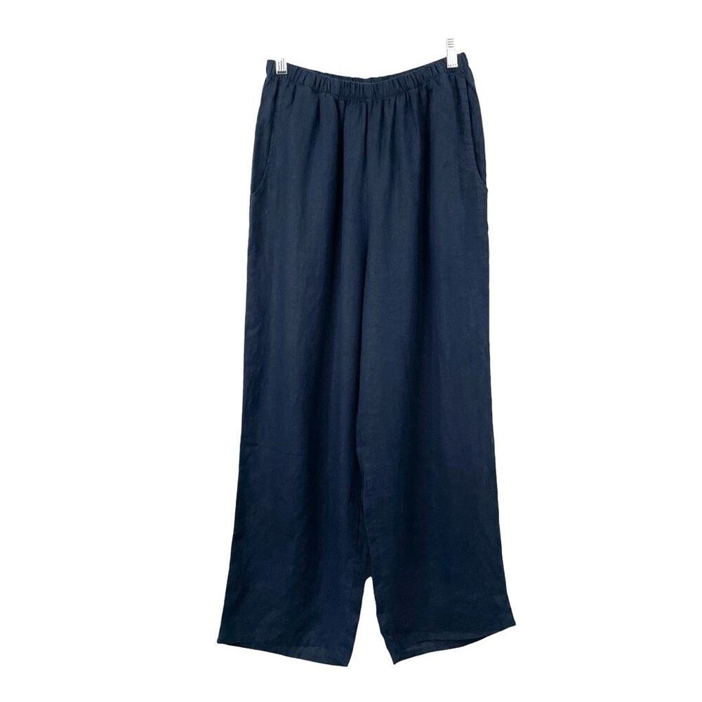 Flax 100% linen wide leg cropped pants Size S navy blue